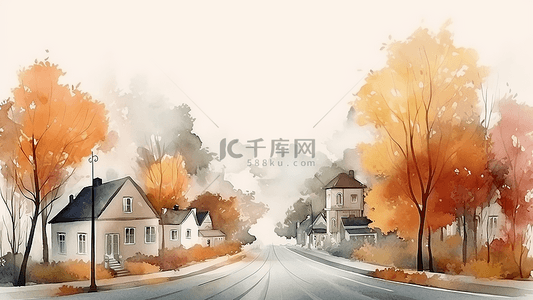 秋天水彩风景图