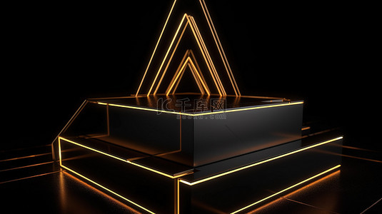 几何男人背景图片_金色霓虹灯照亮黑色几何讲台 3D 渲染