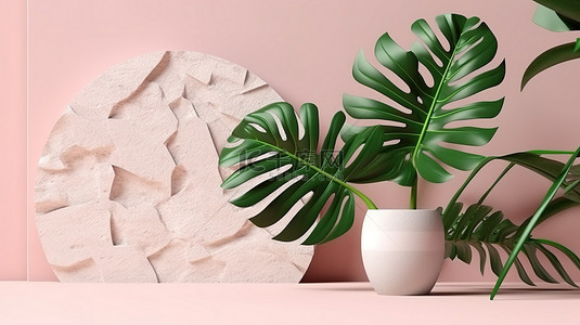 白色圆柱讲台位于龟背竹植物叶子和石墙之间，浅粉色背景 3D 渲染插图