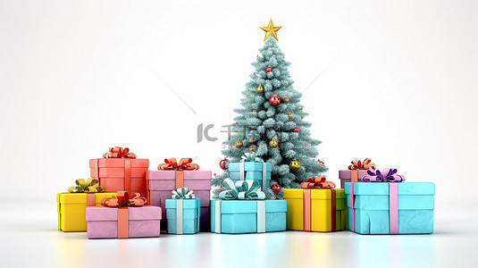 圣诞节节日礼物背景图片_空白画布 3D 渲染上的节日礼物和圣诞树