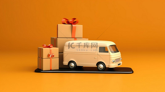 网上圣诞购物货车和智能手机送货上门的 3D 插图