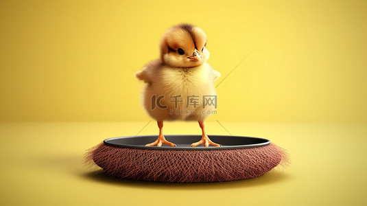 3D 动画中可爱的小鸟在蹦床上弹跳
