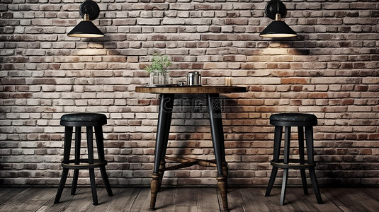 复古黑色酒吧凳，桌子位于 3D 渲染的质朴砖墙前