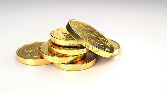 金币金色背景图片_白色背景上象征财富的闪亮金色美元硬币的 3D 插图