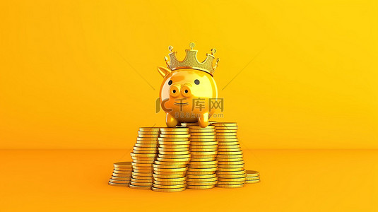 储蓄背景图片_富丽堂皇的存钱罐装饰着王冠和成堆的硬币，在充满活力的黄色背景上象征着通过 3D 技术进行储蓄和有利可图的投资