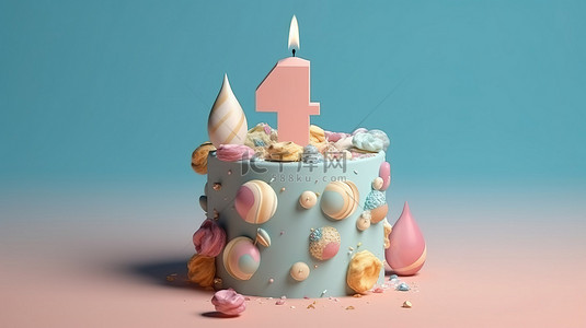 4 岁生日庆祝 3d 渲染柔和蛋糕与蜡烛和蓝色背景上的复制空间