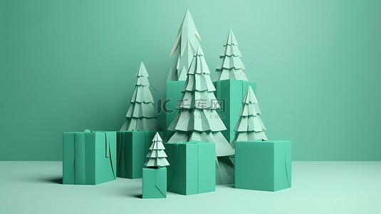 茶叶礼盒背景图片_节日圣诞树设计 3D 渲染，装饰有几何形状和礼品盒