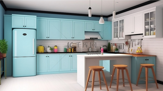 卡通立牌样机背景图片_厨房房间的卡通插图，配有 3D 渲染的家具，包括橱柜水槽冰箱餐桌和椅子