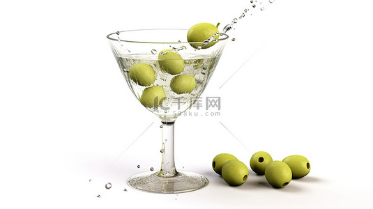 白色背景上饰有水滴和橄榄的马提尼酒杯的孤立 3D 渲染
