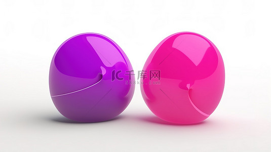 双紫色和粉色聊天气泡在白色背景下的 3D 渲染，描绘社交媒体消息传递概念
