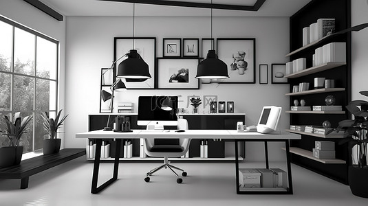 2022年9月份电脑壁纸背景图片_用于在线学习的响应式黑白家庭办公室的渲染 3D 图像