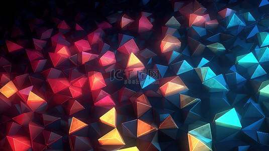 背景多彩背景图片_抽象 3D 插图中带对角线擦除的发光彩色三角形马赛克
