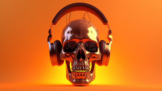 橙色背景上的 3d 头骨运动耳机随着充满活力的音乐而流动