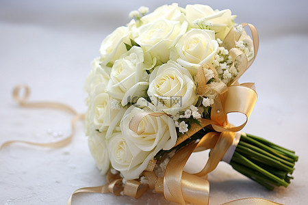 带金丝带的白色新娘花束