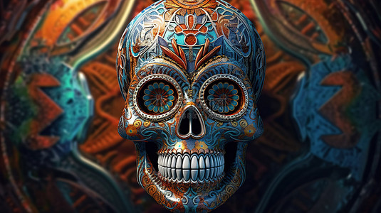 令人惊叹的 3D 渲染，带有充满活力的墨西哥头骨壁画