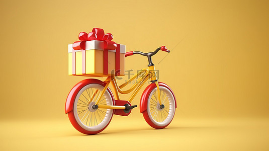 礼物卡通红色背景图片_滑稽的自行车与礼物庆祝圣诞快乐 3d 渲染