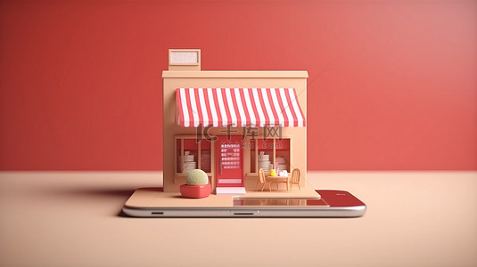 手机上市背景图片_带有智能手机和复制空间的在线购物概念的 3D 插图