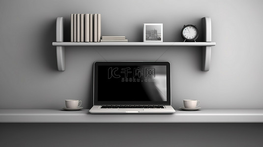 笔记本电脑场景背景图片_带有灰色架子和笔记本电脑的方形背景的 3D 插图