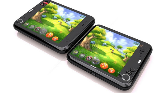 隔离白色背景 3D 手机游戏机，带双屏和 2 个剪切路径，用于单个屏幕和整体视图