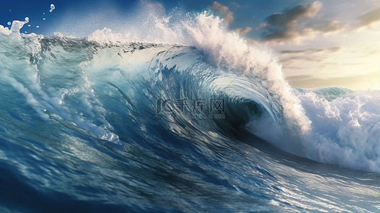 海滩壁纸背景图片_带有白色泡沫和充满活力的蓝色水溅的巨大波浪的 3D 渲染