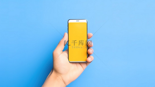 科技设备背景图片_手持黄色智能手机的蓝色背景的简约概念 3D 渲染