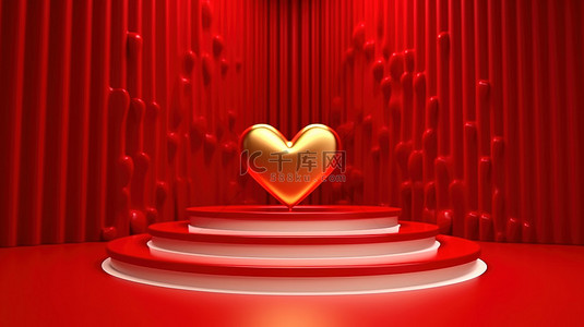 圆形舞台婚礼背景图片_金色舞台 3d 渲染上的豪华红心形讲台