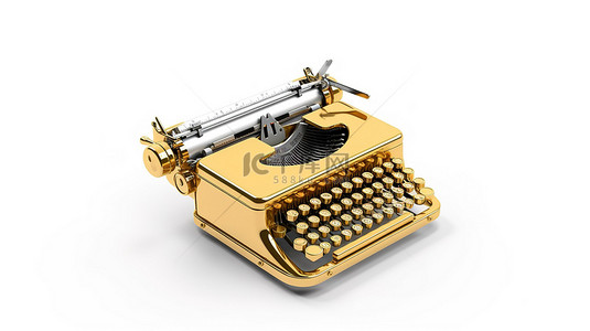 复古键盘背景图片_老式经典打字机，具有金色色调和复古感，白色背景 3D 渲染