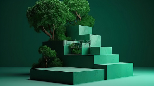 树装饰的绿色立方体讲台，用于展示时尚化妆品的 3D 渲染