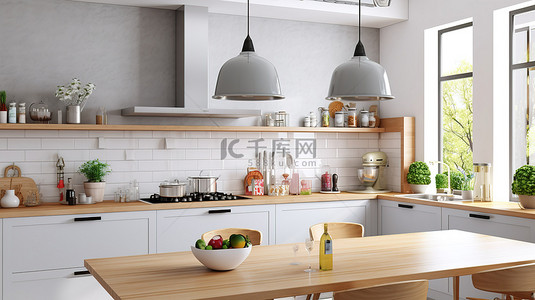 顶部海报背景图片_斯堪的纳维亚风格白色厨房的 3D 渲染，配有优雅的硬木吧台顶部和角落的吊灯