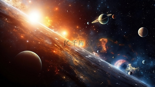 探索星空背景图片_宇航员探索太阳系中的行星和恒星的 3D 插图
