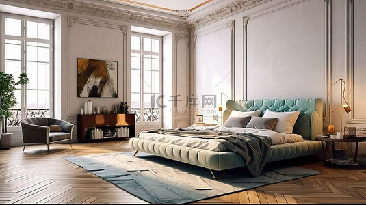旧桌子背景图片_豪华的旧公寓配有舒适的特大号双人床3D 渲染和地毯