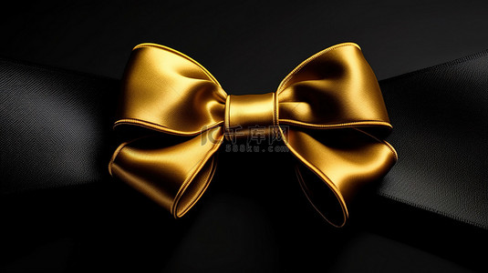 黑色背景下闪闪发光的金色丝带蝴蝶结，带有充足的白色空间 3D 插图