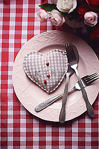 心形盘子和餐叉放在红色格子桌布上