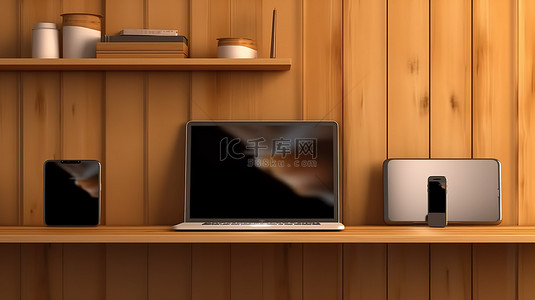 棕色墙架的 3D 插图，配有笔记本电脑手机和数字平板电脑，垂直显示
