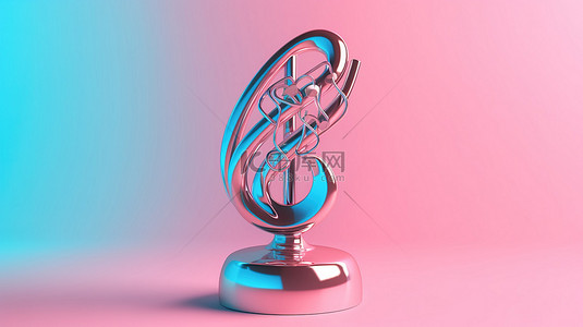 双色调风格粉红色背景奖励奖杯蓝色音乐高音谱号和麦克风在 3D 渲染
