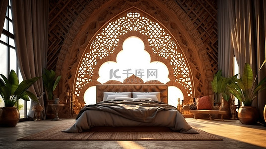 中东旅游背景图片_优雅的中东风格卧室，配有奢华的木雕，配有宽敞的床和装饰性床头板 3D 渲染