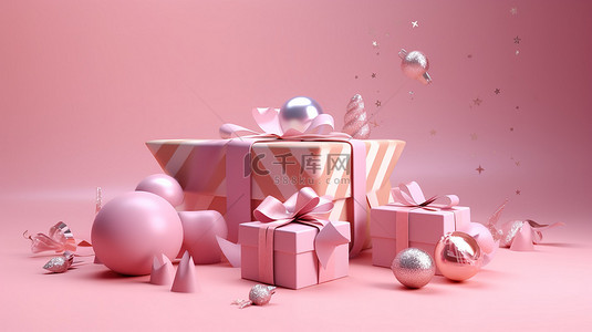 粉红色礼品盒的圣诞节快乐 3d 渲染