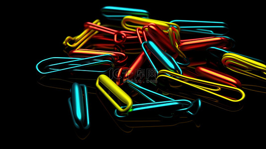 黑色背景下彩色流行艺术回形针的 3D 渲染插图