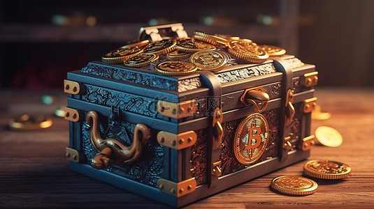 中型加密货币硬币宝箱的渲染 3D 插图