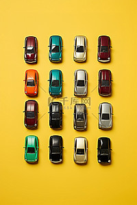车黄色背景背景图片_黄色背景中排成一排的彩色玩具车
