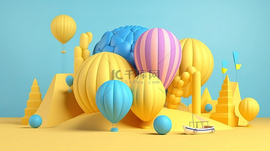 带柔和充气沙滩伞和黄色背景的蓝色讲台令人惊叹的 3D 设计