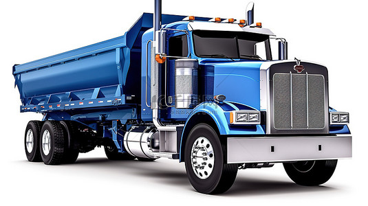 白色背景的 3D 插图，配有大型蓝色美国卡车和拖车自卸卡车，用于运输散装货物