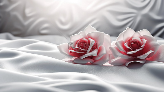 情人玫瑰花背景图片_白布波背景上令人惊叹的 3D 玫瑰花，有充足的文本空间