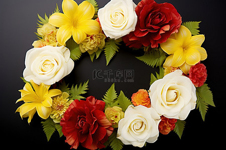 加油打气多人背景图片_一个由黄色和黄色的花朵和一朵黄玫瑰组成的花环