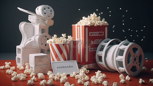 电影之夜必需品桶爆米花幻灯片拍板和相机在空白电影票 3D 渲染