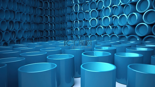 在 3D 渲染中用蓝色圆柱体建造的墙的透视图