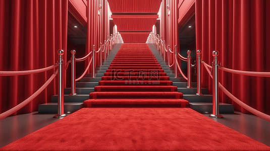 长红地毯末端一扇敞开的门的 3D 渲染，两侧是绳索屏障和楼梯