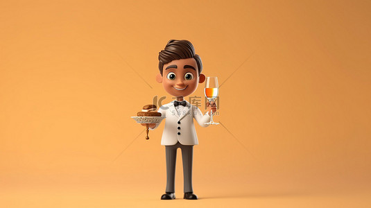 人物职业卡通背景图片_卡通服务员拿着香槟托盘的 3D 插图