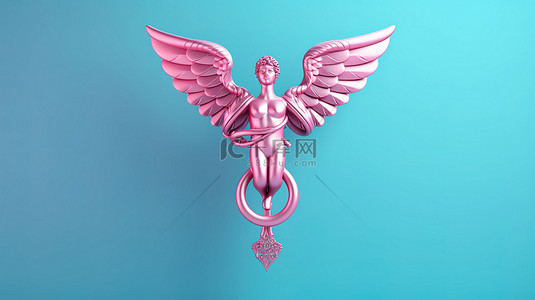 蓝色背景上耀眼的粉色医疗杖符号的 3D 渲染