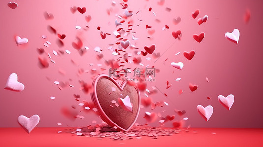 特丘比特之箭背景图片_情人节背景 3D 渲染丘比特之箭击中心和层叠的爱心